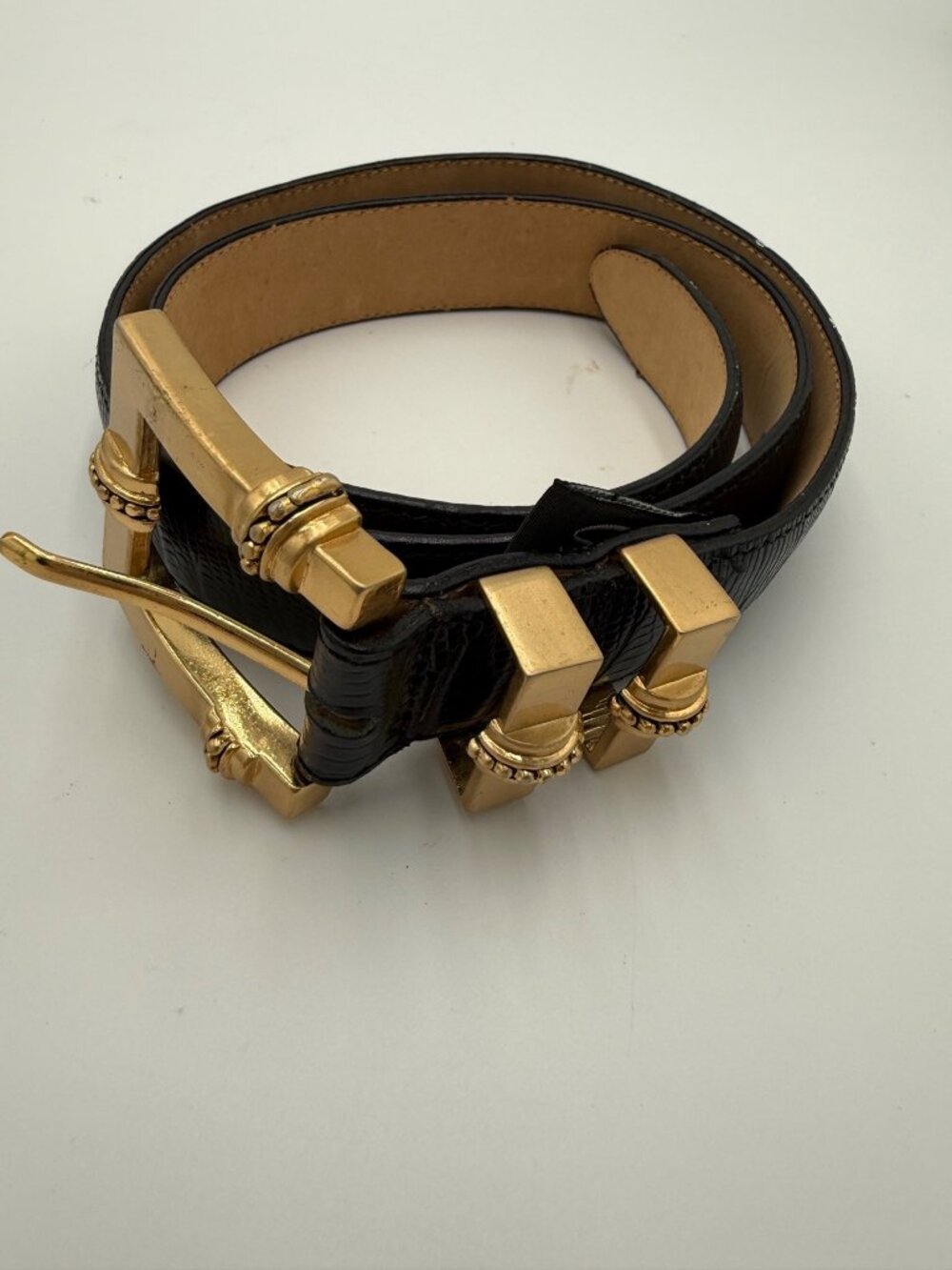 Brighton Black Leather Belt Croc Gold- one Beaded Buckle Womens Sz L